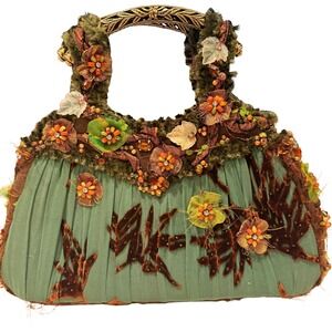 Frances Beaded Floral Velvet Handbag Fairy Boho Statement Purse Forest Green